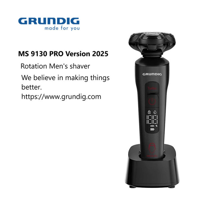 ماشین اصلاح موی صورت شارژی گروندیگ مدل MS 9130 PRO Version 2025 با تیغه تیتانیوم پیشرفته، سیستم خودتیزشونده، سنسور تنظیم قدرت موتور، حالت توربو، مقاوم در برابر آب، باتری 2000 میلیآمپر ساعت، شارژ سریع و قفل ایمنی