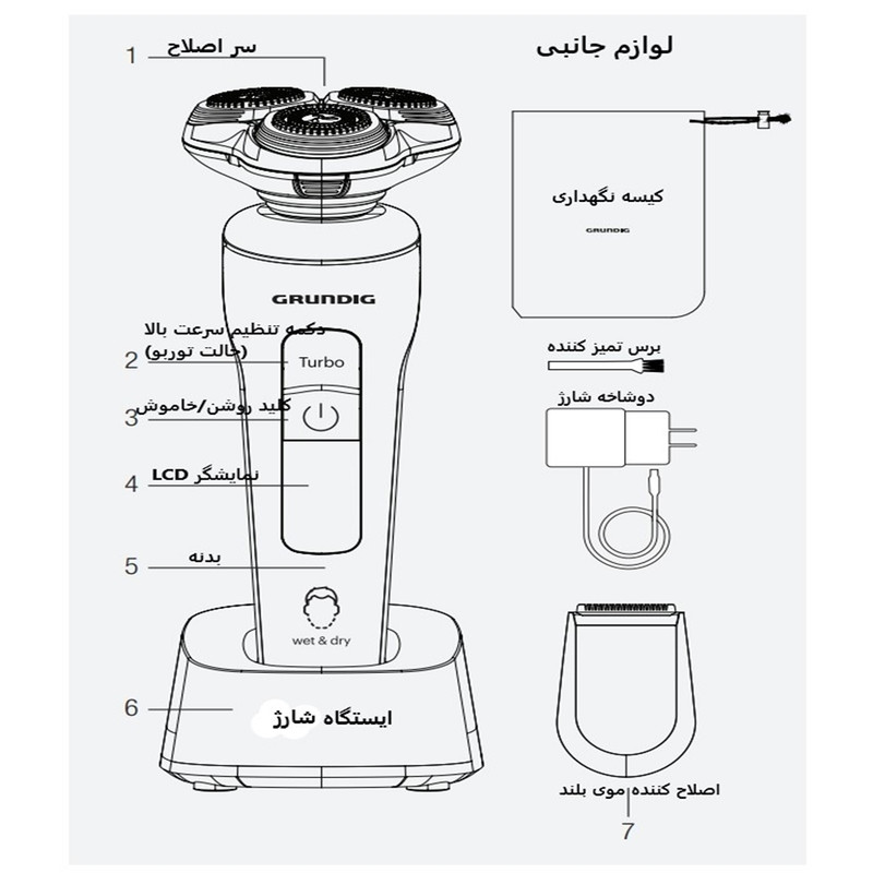 ماشین اصلاح موی صورت شارژی گروندیگ مدل MS 9130 PRO Version 2025 با تیغه تیتانیوم پیشرفته، سیستم خودتیزشونده، سنسور تنظیم قدرت موتور، حالت توربو، مقاوم در برابر آب، باتری 2000 میلیآمپر ساعت، شارژ سریع و قفل ایمنی