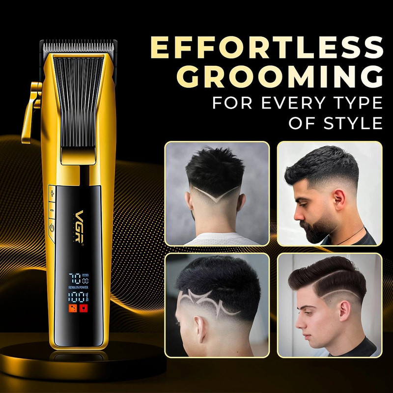 ماشین اصلاح موی صورت وی جی ار مدل V-177 با تیغه استیل ضد زنگ، موتور 7000 دور در دقیقه، باتری 2000 میلیآمپر ساعت، نمایشگر LED، طراحی ارگونومیک و تنظیم اندازه اصلاح از 0.8 تا 2 میلیمتر