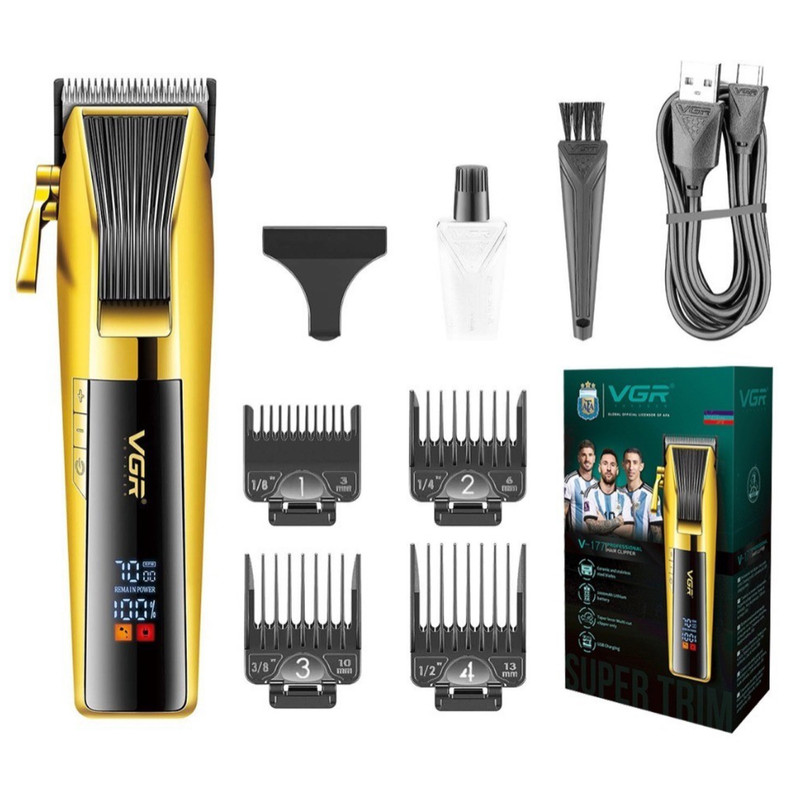ماشین اصلاح موی صورت وی جی ار مدل V-177 با تیغه استیل ضد زنگ، موتور 7000 دور در دقیقه، باتری 2000 میلیآمپر ساعت، نمایشگر LED، طراحی ارگونومیک و تنظیم اندازه اصلاح از 0.8 تا 2 میلیمتر