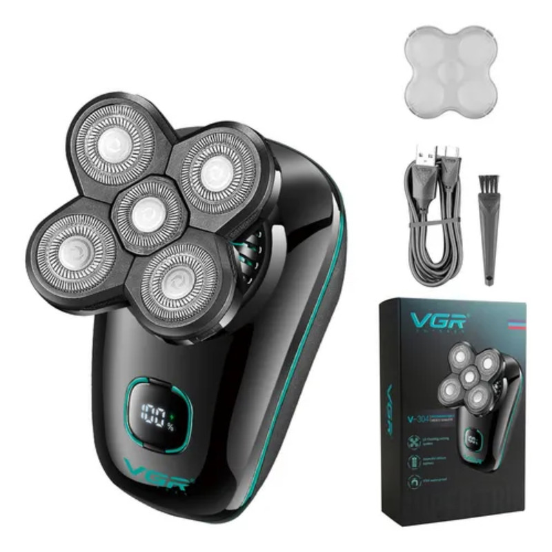 ماشین اصلاح موی سر و صورت شارژی وی جی ار مدل V-304 با سیستم برش شناور 5 بعدی، تیغه استیل ضد زنگ، باتری لیتیومی 600 میلیآمپر ساعت، شارژ سریع USB، نمایشگر LED میزان شارژ، ضد آب IPX6، قابل استفاده خشک و مرطوب