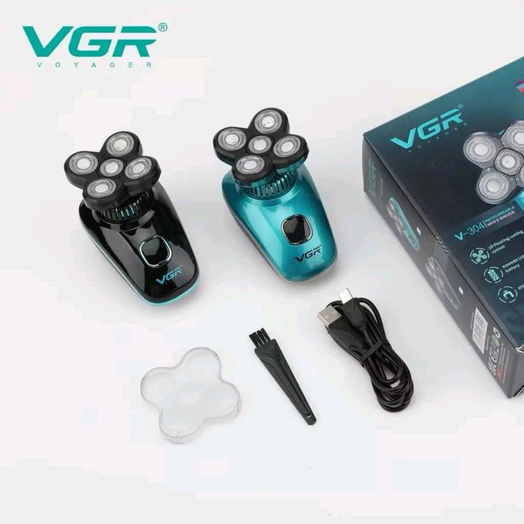 ماشین اصلاح موی سر و صورت شارژی وی جی ار مدل V-304 با سیستم برش شناور 5 بعدی، تیغه استیل ضد زنگ، باتری لیتیومی 600 میلیآمپر ساعت، شارژ سریع USB، نمایشگر LED میزان شارژ، ضد آب IPX6، قابل استفاده خشک و مرطوب