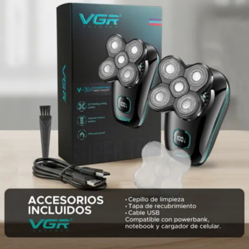 ماشین اصلاح موی سر و صورت شارژی وی جی ار مدل V-304 با سیستم برش شناور 5 بعدی، تیغه استیل ضد زنگ، باتری لیتیومی 600 میلیآمپر ساعت، شارژ سریع USB، نمایشگر LED میزان شارژ، ضد آب IPX6، قابل استفاده خشک و مرطوب