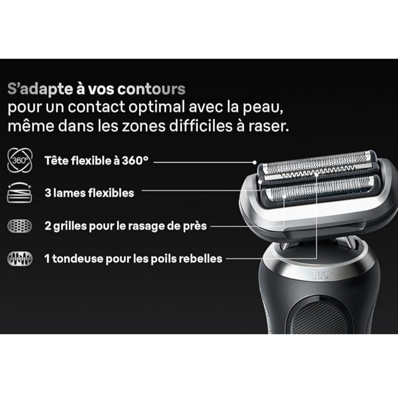 ماشین اصلاح موی صورت شارژی براون مدل series7 72-N4200cs با فناوری AutoSense، تیغههای استیل ضدزنگ، ضدآب، اصلاح صفر زن و خط زن، باتری لیتیوم یون با 60 دقیقه کارکرد، نمایشگر LED، استفاده خشک و مرطوب، همراه با برس تمیزکننده و کیف نگهداری