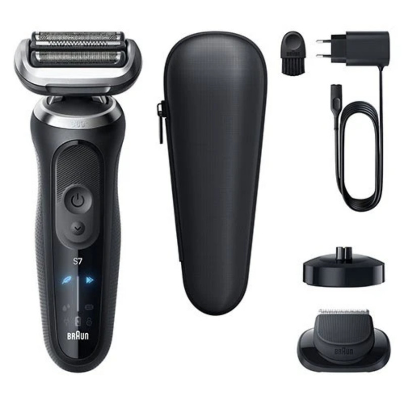 ماشین اصلاح موی صورت شارژی براون مدل series7 72-N4200cs با فناوری AutoSense، تیغههای استیل ضدزنگ، ضدآب، اصلاح صفر زن و خط زن، باتری لیتیوم یون با 60 دقیقه کارکرد، نمایشگر LED، استفاده خشک و مرطوب، همراه با برس تمیزکننده و کیف نگهداری