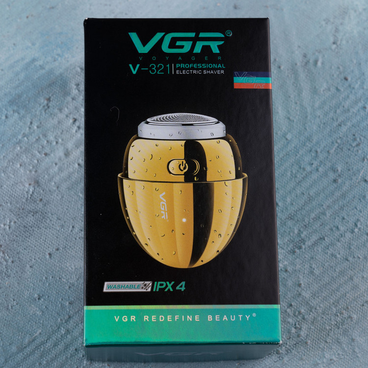 ماشین اصلاح موی صورت وی جی ار مدل V-321 با تیغه استیل ضدزنگ، ضدآب، چرخشی، باتری قابل شارژ، شارژ سریع با کابل USB، همراه با برس تمیزکننده و چراغ نمایشگر