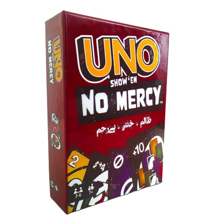 بازی فکری کارتی مدل بردکده Uno No Mercy با 168 کارت، رقابتی برای 2 تا 6 نفر، مناسب 7 سال به بالا، دارای 4 قانون خاص و 6 کارت اکشن جذاب با راهنمای فارسی و برای تقویت تمرکز و قدرت تصمیمگیری