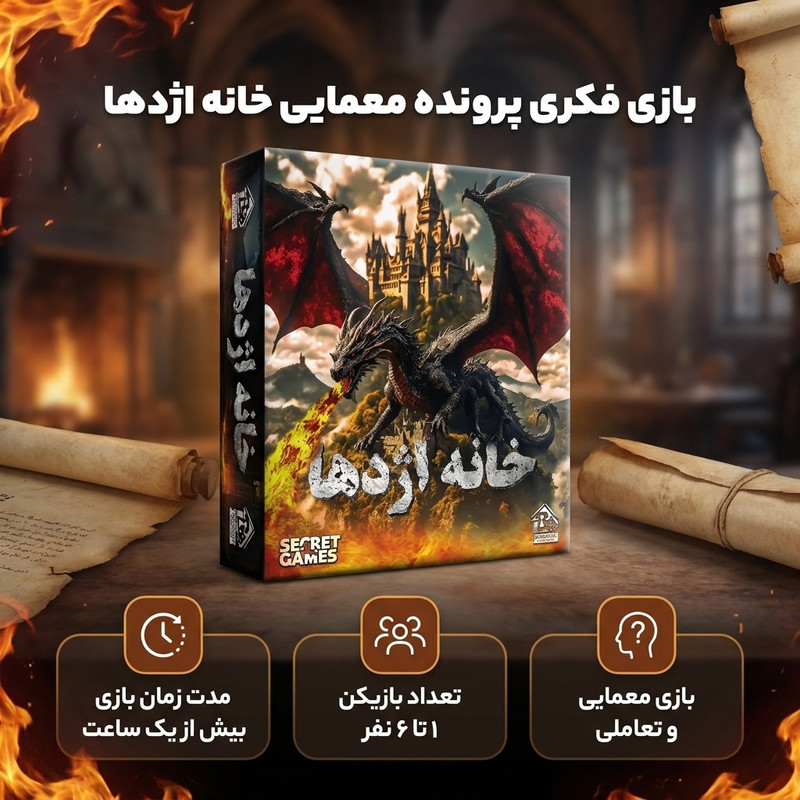 بازی فکری معمایی مدل پرونده معمایی خانه اژدها، گروهی و انفرادی، مناسب 1 تا 6 نفر، درجه سختی متوسط، مدت زمان بازی بیش از یک ساعت، همراه با وسایل تعاملی و چت بات، تولید ایران