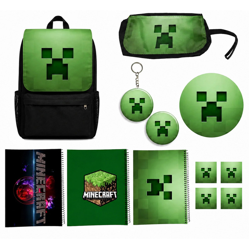 کوله پشتی طرح ماینکرفت کد Minecraft A7 به همراه دفتر مشق و جامدادی و زیر لیوانی و جاکلیدی و پیکسل و برچسب مجموعه 12 عددی