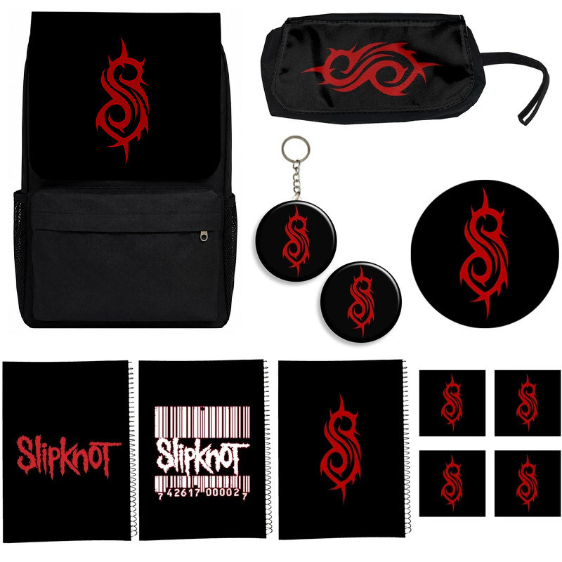 کوله پشتی طرح slipknot کد A2 به همراه دفتر مشق و جامدادی و زیر لیوانی و جاکلیدی مجموعه 12 عددی