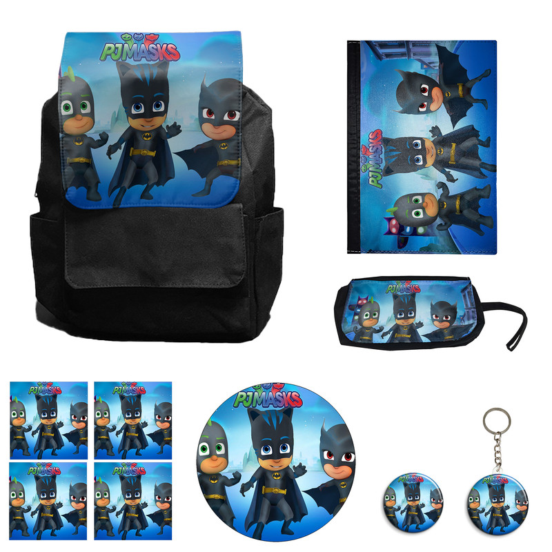 کوله پشتی مدل انیمیشن شب نقاب کد Pj Masks M3 به همراه کلاسور و جامدادی و زیر لیوانی و جاکلیدی مجموعه 10 عددی