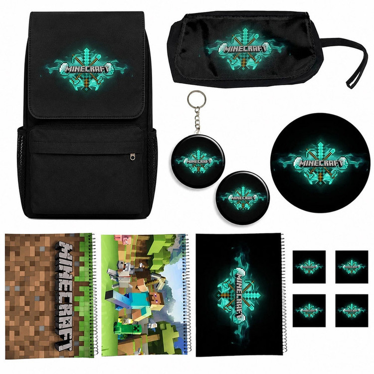 کوله پشتی مدل ماینکرفت کد Minecraft A2 به همراه دفتر مشق و جامدادی و زیر لیوانی و جاکلیدی و برچسب مجموعه 12 عددی