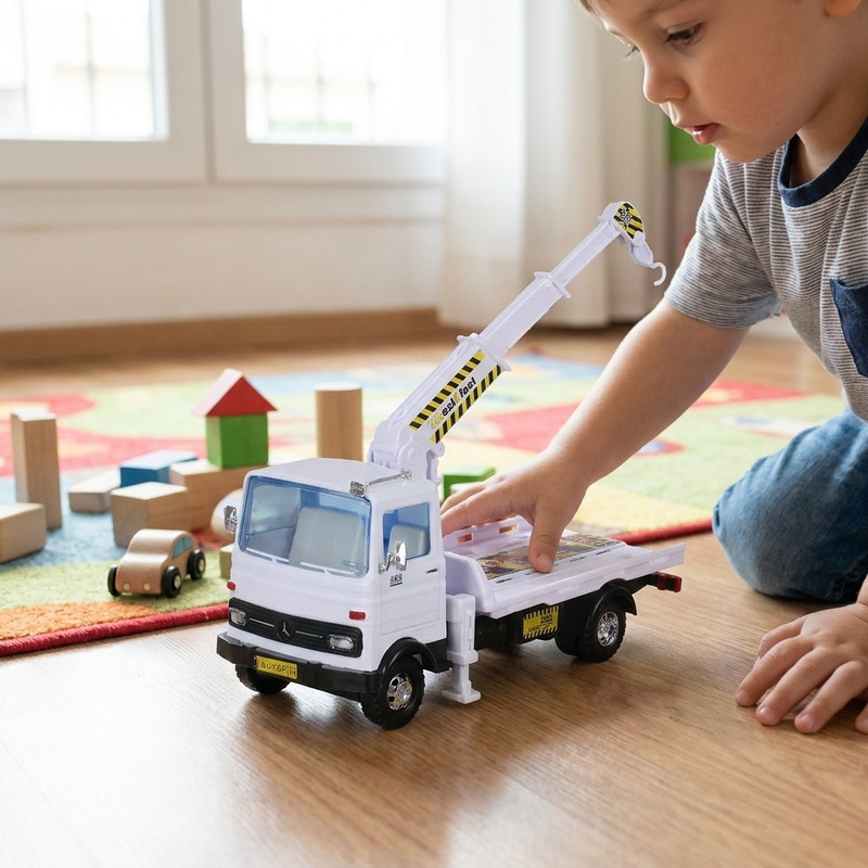 ماشین بازی جرثقیل مدل Tow Truck با بدنه پلاستیکی، 6 چرخ و حرکت دستی