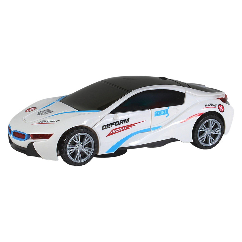 ماشین بازی تبدیل شونده طرح BMW I8 مدل مسابقهای، بدنه پلاستیکی سبک، حرکت روان با 4 چرخ و ابعاد 230 × 95 × 65 میلیمتر