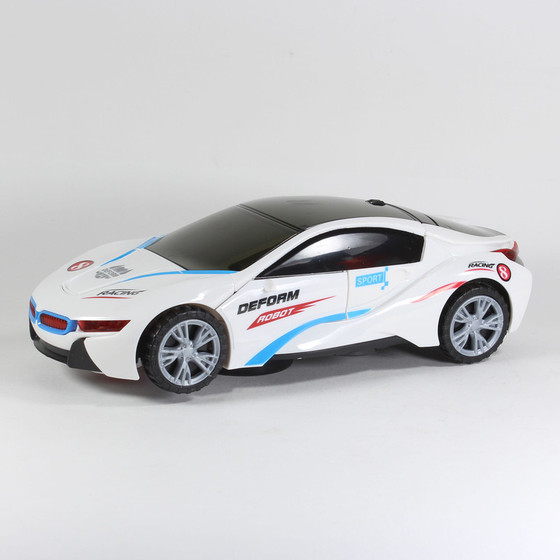 ماشین بازی تبدیل شونده طرح BMW I8 مدل مسابقهای، بدنه پلاستیکی سبک، حرکت روان با 4 چرخ و ابعاد 230 × 95 × 65 میلیمتر