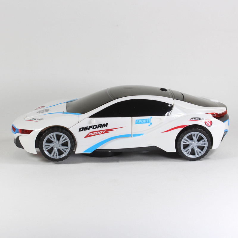 ماشین بازی تبدیل شونده طرح BMW I8 مدل مسابقهای، بدنه پلاستیکی سبک، حرکت روان با 4 چرخ و ابعاد 230 × 95 × 65 میلیمتر