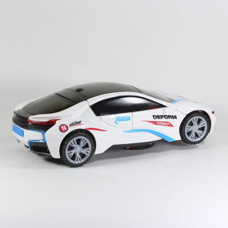 ماشین بازی تبدیل شونده طرح BMW I8 مدل مسابقهای، بدنه پلاستیکی سبک، حرکت روان با 4 چرخ و ابعاد 230 × 95 × 65 میلیمتر